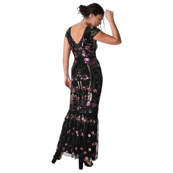 Lulus Black Era of Opulence Burgundy Sequin Cap Sleeve Maxi Dress Size Small - Picture 2 of 13